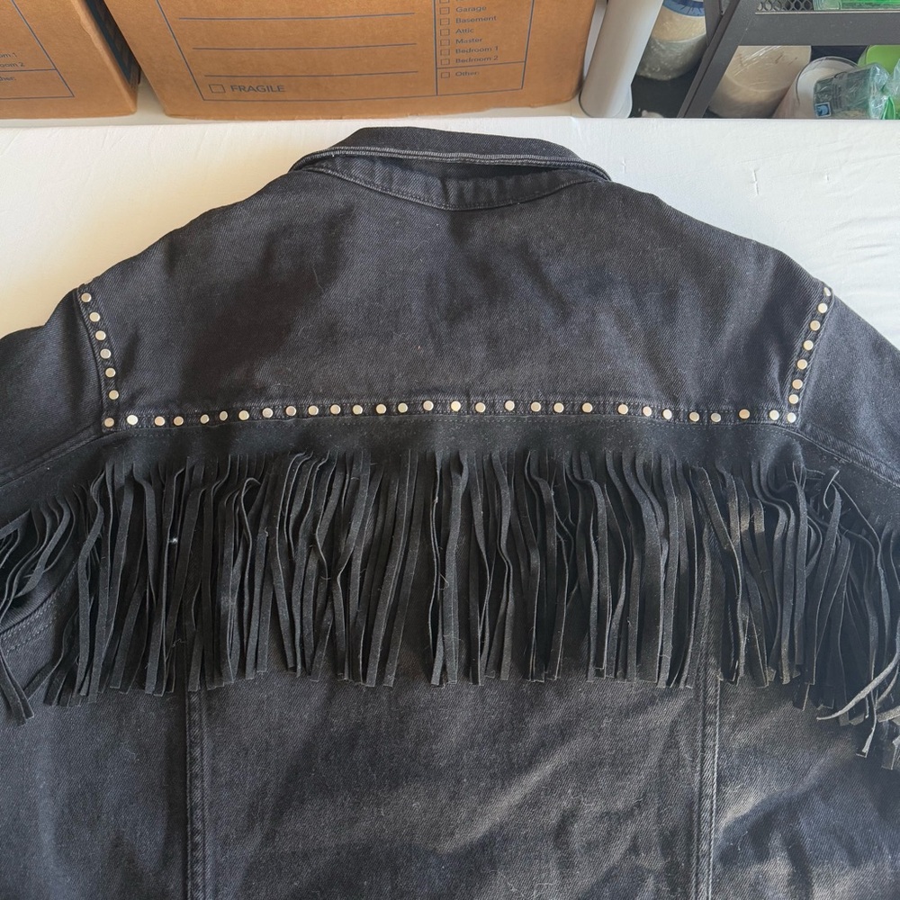 Zara Man Faux Suede Fringe Studded Black Denim Jacket Pockets Button Up Size L - Picture 9 of 16
